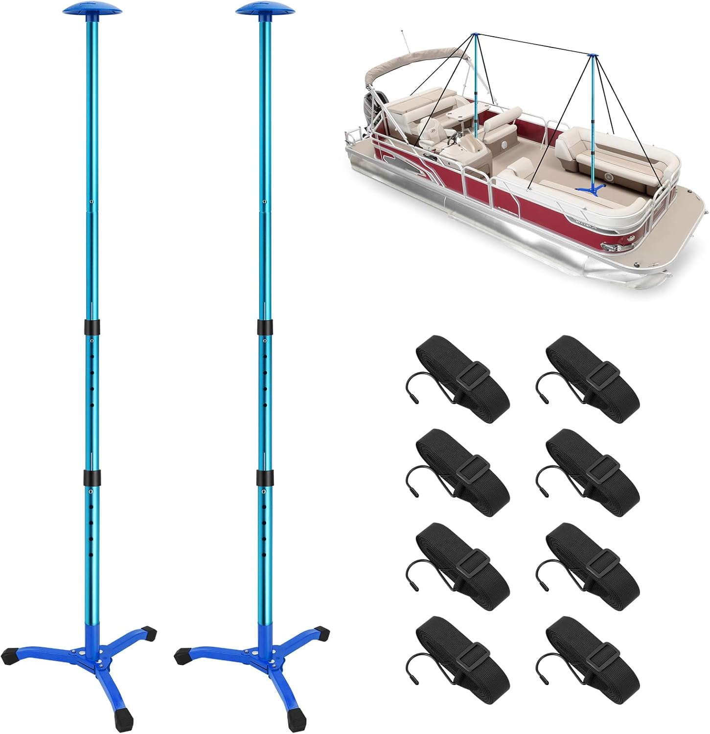 Boat Cover Support Poles Adjustable 2 Pieces with 8 Ropes and Triangular Iron Square Tube Base, Aluminum Tube Glass Bead Connection Diameter 53.5 in, for Pontoon/Jon Boat Cover/Bimini Tops