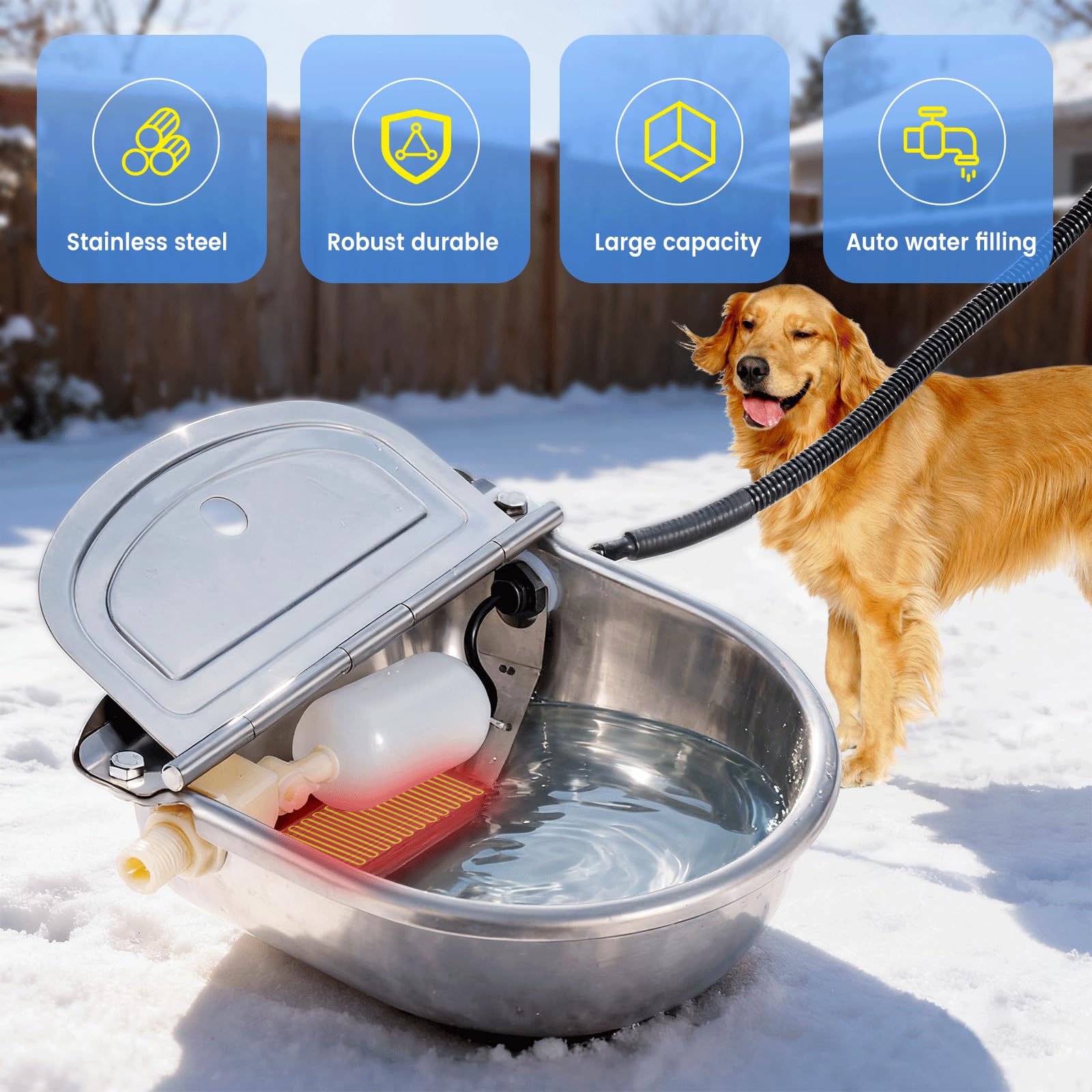 Cuenco de agua con calefacción para gatos al aire libre, cuenco térmico automático para perros con cable antimasticación y dispensador automático de agua para perros, gatos, caballos, vacas