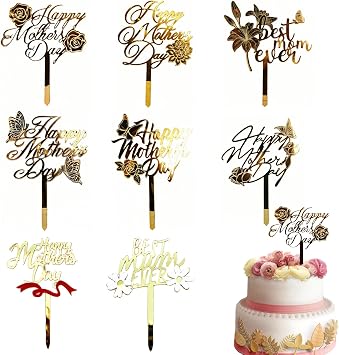 Gold Happy Mothers Day Cake Toppers Luxury Acrylic Best Mom Ever Cupcake Topper 8 Pcs Floral Butterfly Designs for Moms Special Day Birthday Mothers Day Cakes Decor Party Supplies