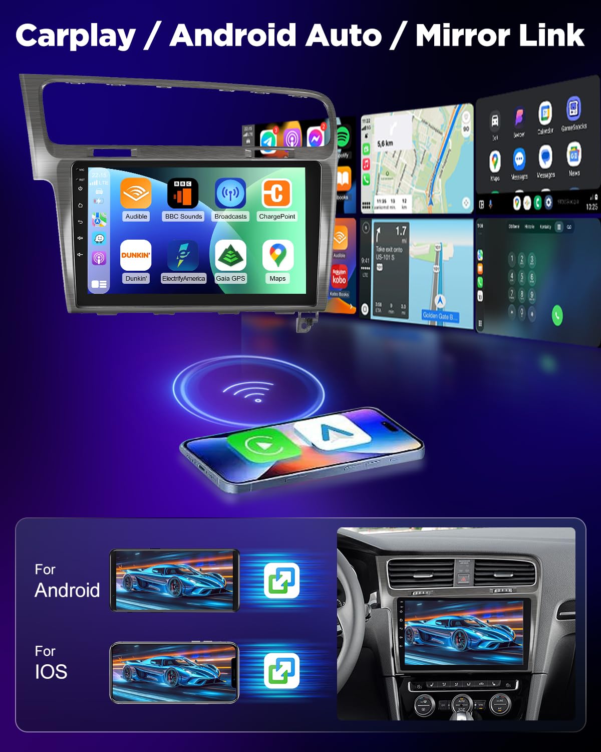 NHOPEEW Autoradio 8 Core 6+128G Android per VW Golf 7 MK7 2012-2020 con Carplay wireless e Android Auto DSP Wifi GPS Comandi al volante Vista panoramica a 360