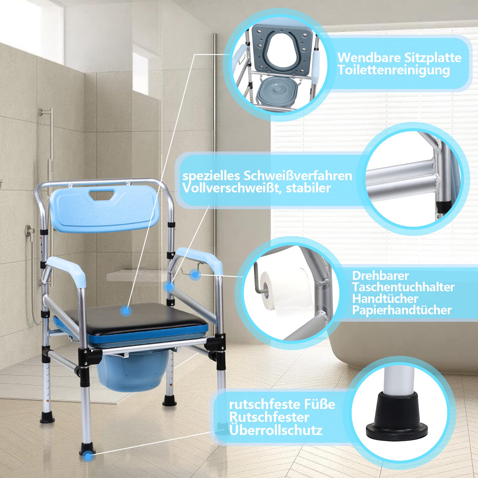 Sedia per WC per senior, portatile, regolabile in altezza, 42-54 cm, con seduta imbottita e secchio per WC, antiscivolo per camera da letto e bagno
