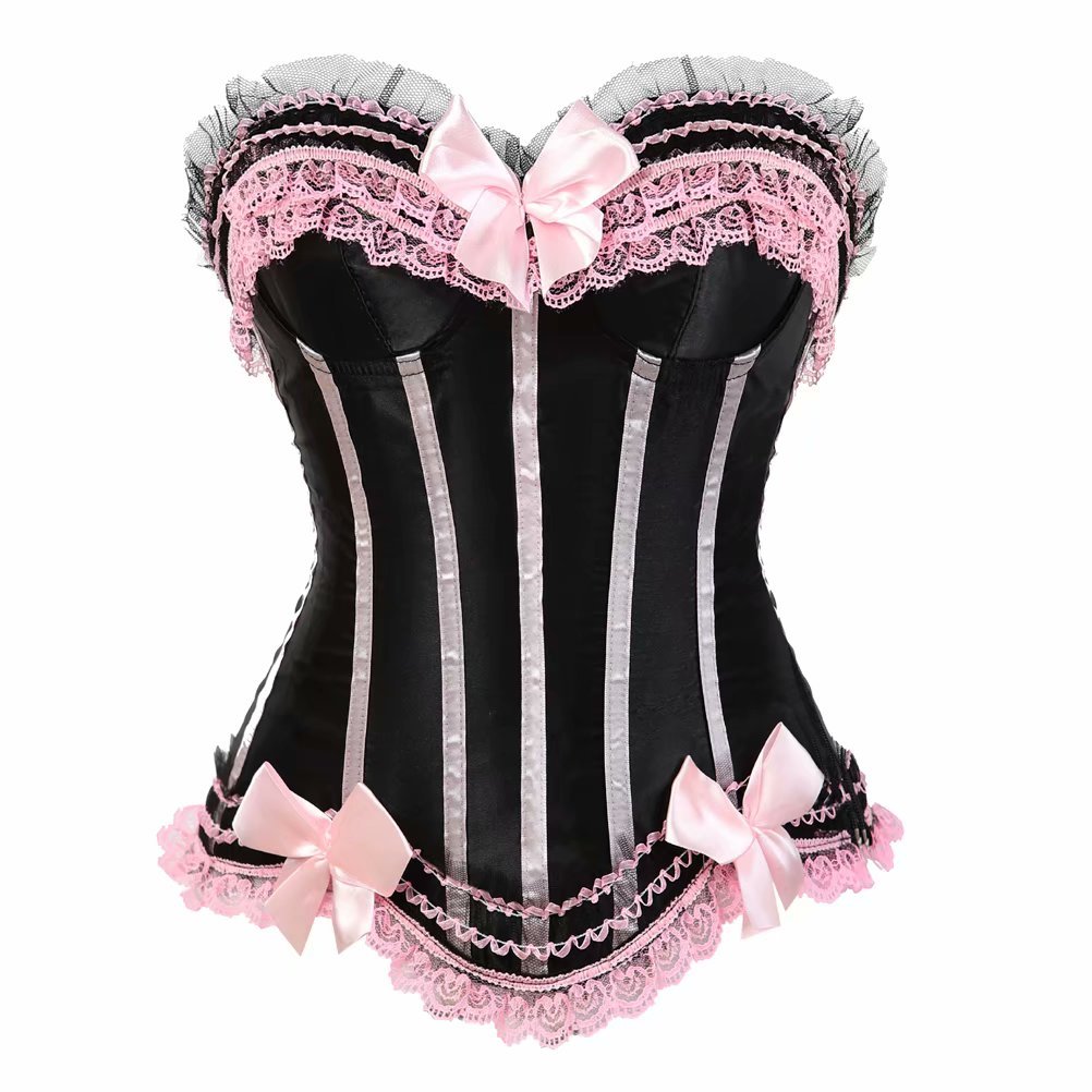 Josamogre Women's Black Pink Corset Overbust Bustier Top Stripe Lace Up Boned Halloween For Showgirl Plus Size L
