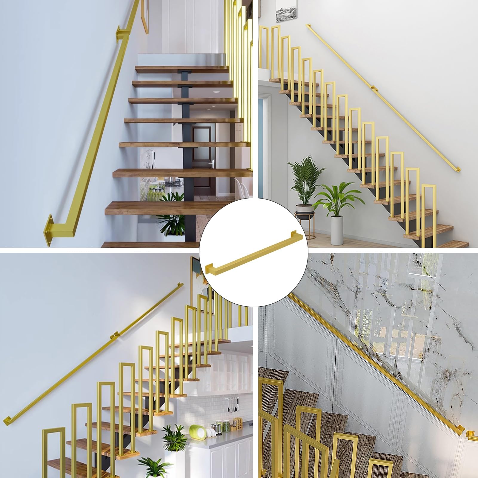 Escalier en fer forgé de 3,4 m | Garde-corps en tuyau galvanisé industriel pour une utilisation en intérieur/extérieur | Support mural – Finition dorée carrée