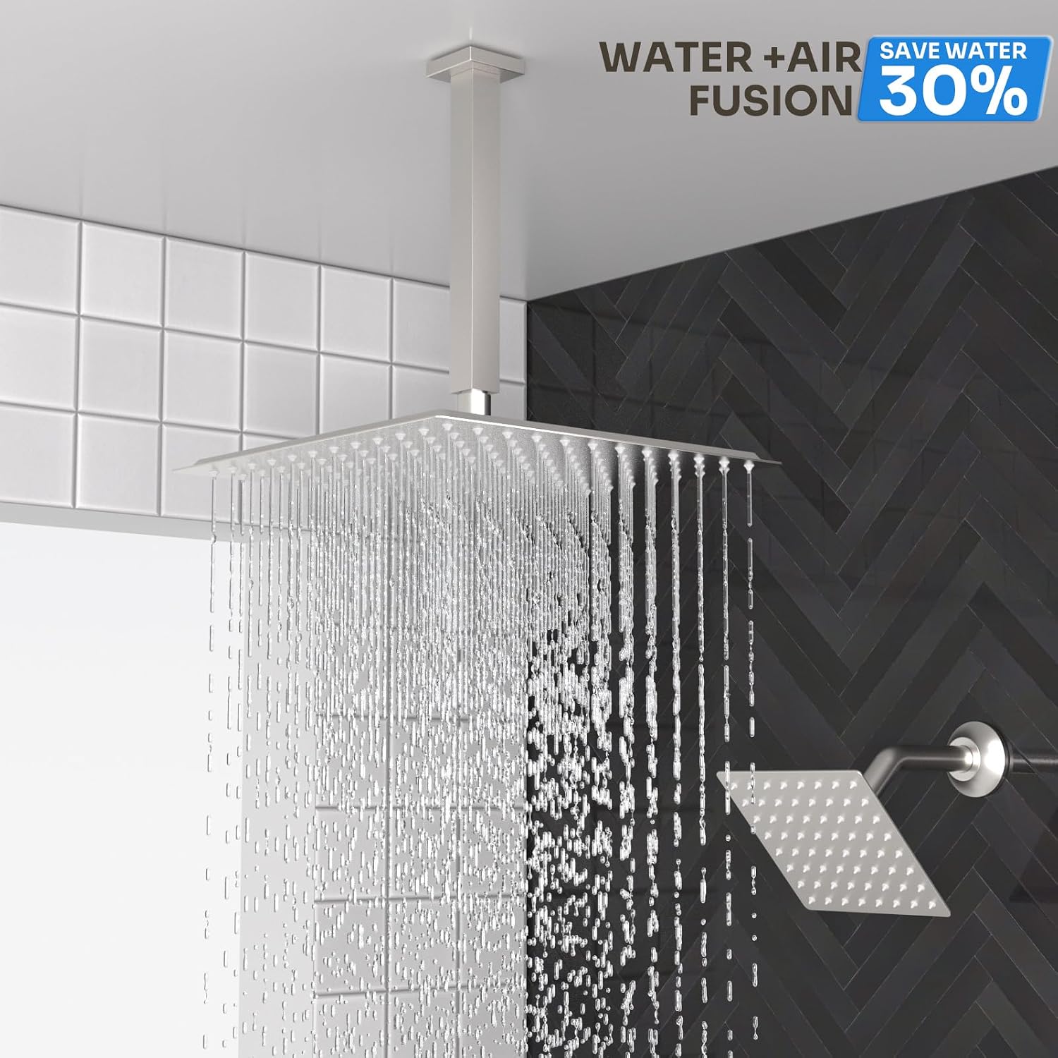 Enga Dual Shower Head Shower System with Body Jets, 12" Ceiling Mounted Rain Shower Head & 6" Wall Mounted Head Full Body Rainfall Shower Faucet with Valve Kit, Brushed Nickel