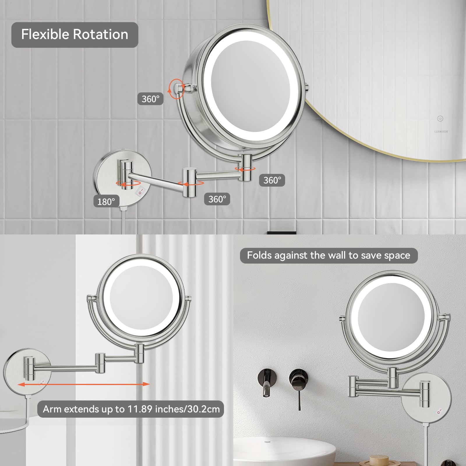 Nicesail Specchio Ingranditore 10x con Luce da Parete - 3 Colori di Luce - Specchio Bifacciale - Braccio Flessibile - Specchio da Bagno Allungabile Rotondo Nichel Spazzolato,Diametro 20 cm