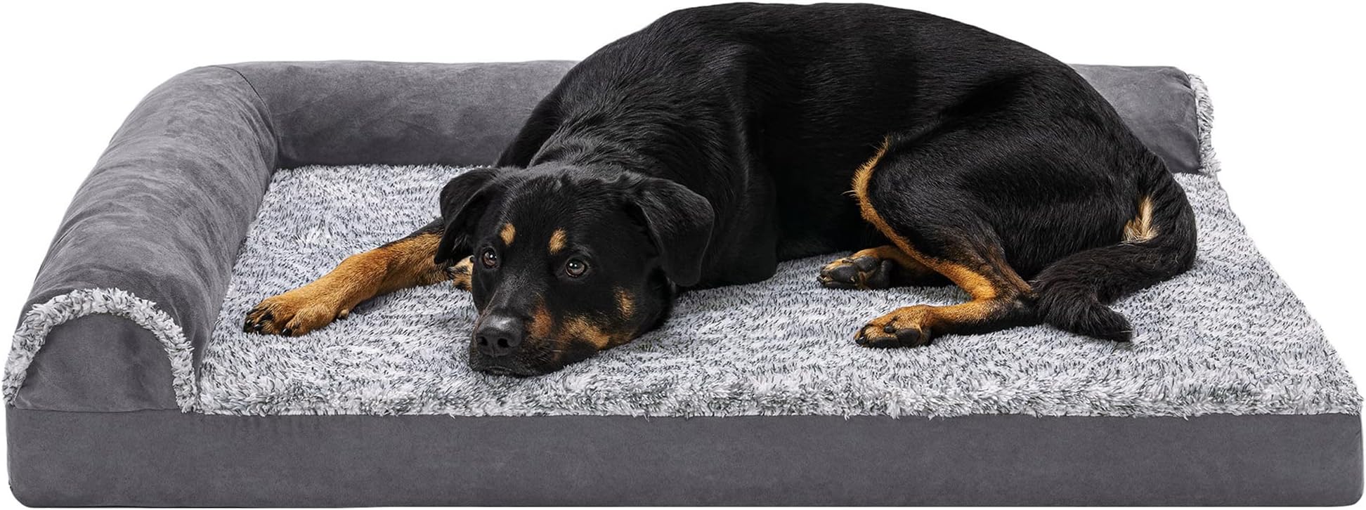 Furhaven XL Orthopedic Dog Bed Two-Tone Faux Fur & Suede L Shaped Chaise w/Removable Washable Cover - Stone Gray, Jumbo (X-Large)
