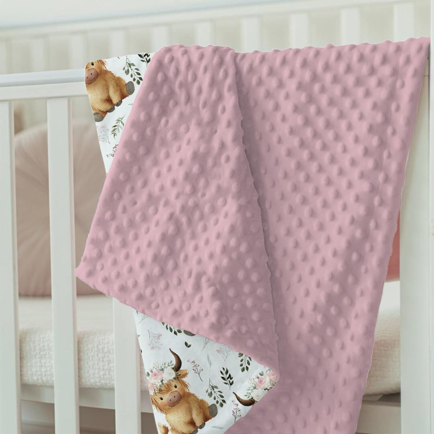 Highland Cow Floral Baby Blankets for Girls 30" x 40", Pink Flower Soft Double Layer Minky Blanket with Dotted Fleece Back, Nursery Bed Receiving Quilt for Newborn Infant Toddler Shower Gift