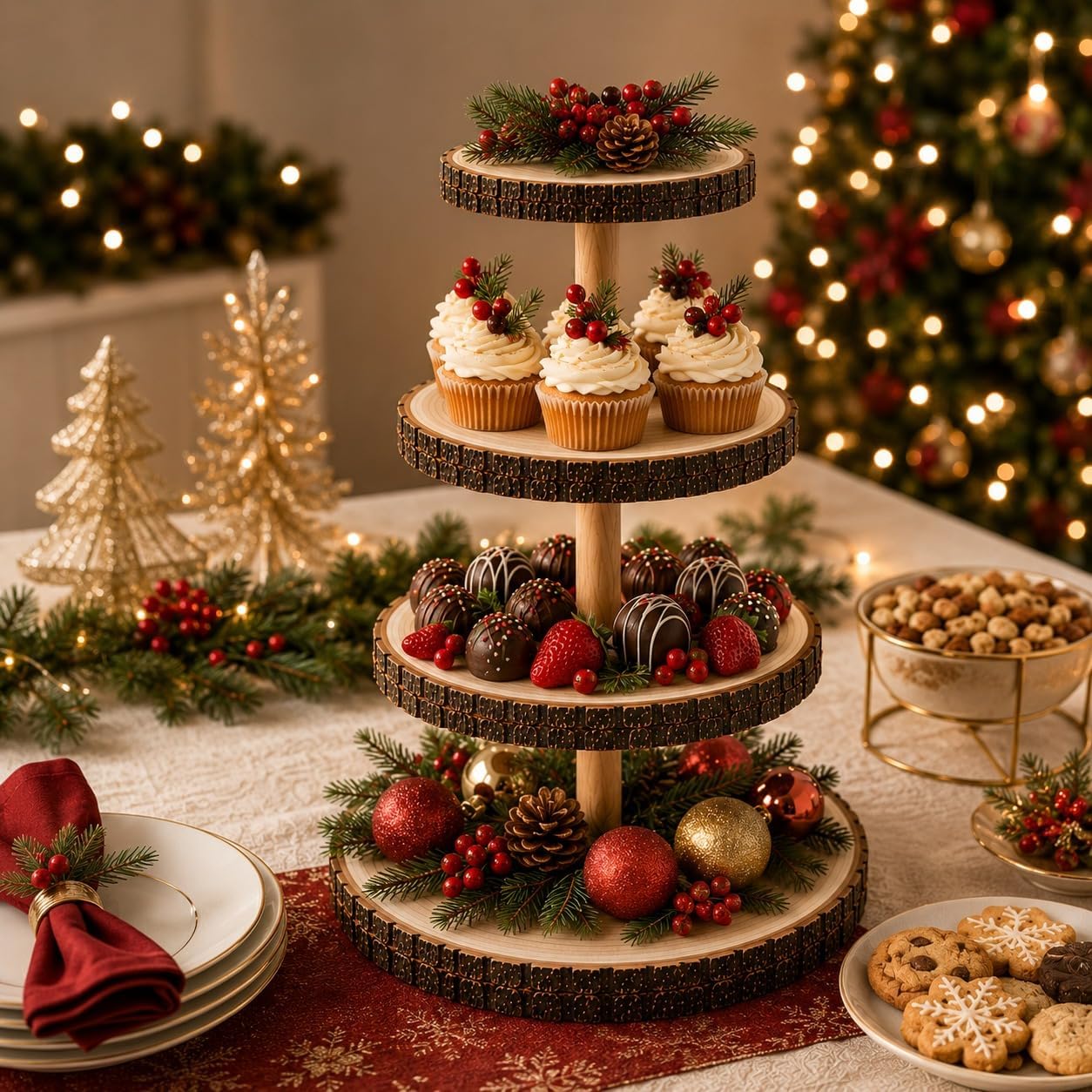 Upper Midland Products Wood Cupcake Stand, 4-Tier Rustic Wooden Dessert Tower with Natural Bark-Edges for Cupcakes, Treats, Weddings, Parties and Table Décor image 5