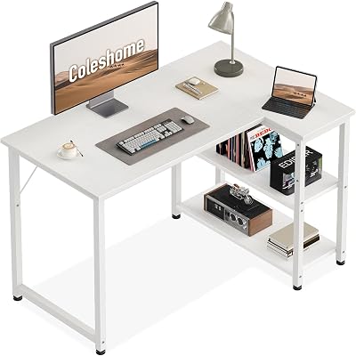 Coleshome Escritorio Esquinero, 100x70 cm Mesa Escritorio con Estantes de Almacenamiento Reversible, Escritorios Ordenador Blanco Que Ahorra Espacio, Escritorios en l Adecuado para la Oficina en Casa
