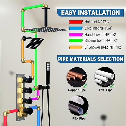 Miniatura 42 de Enga Sistema de ducha termostático doble, grifo de ducha de lluvia doble de montaje en pared de 12 pulgadas + 6 pulgadas, todas las funciones se Oro