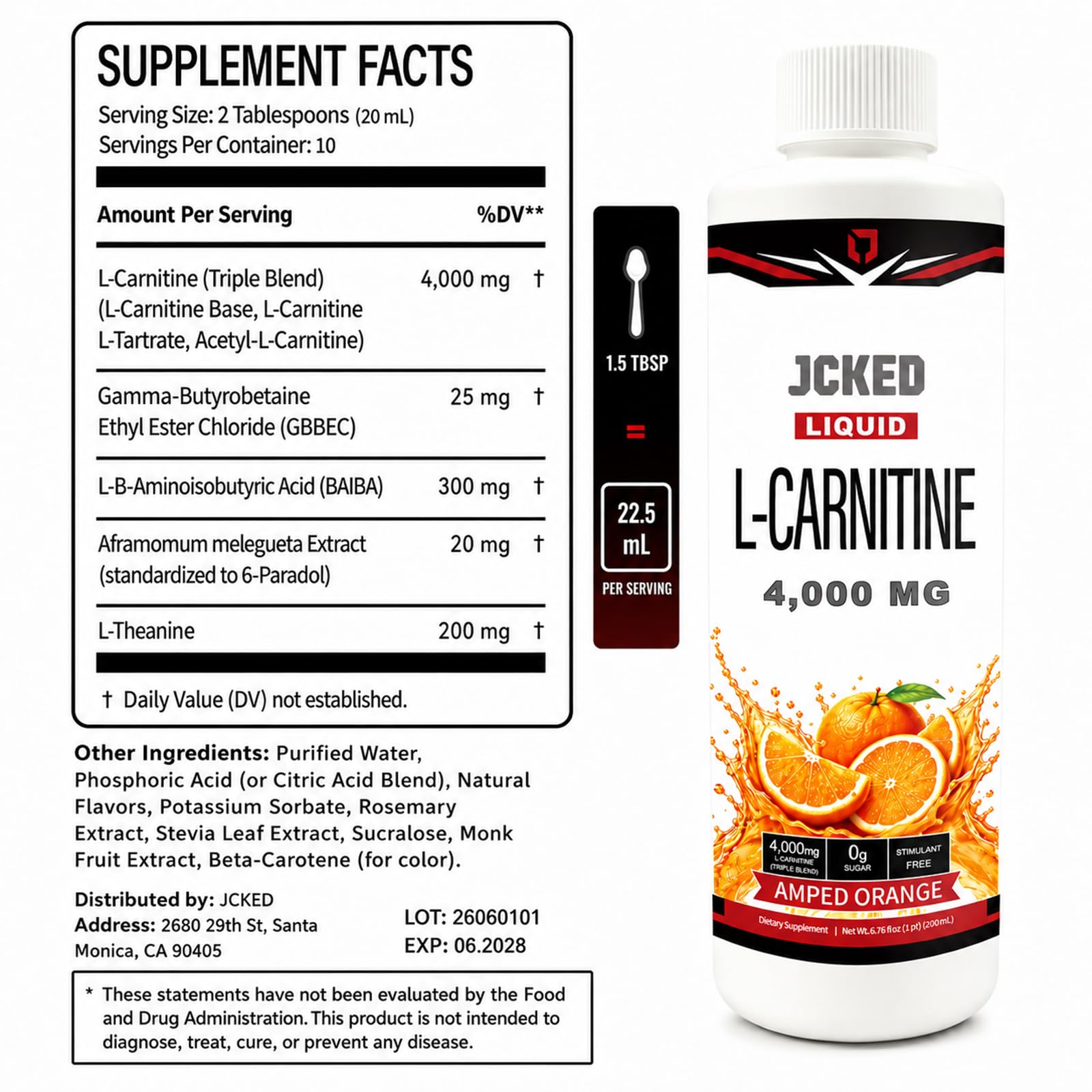 L-Carnitine 4000 Amped Orange, L-Carnitine Supplements 6.76 FL OZ — Amazon image 3