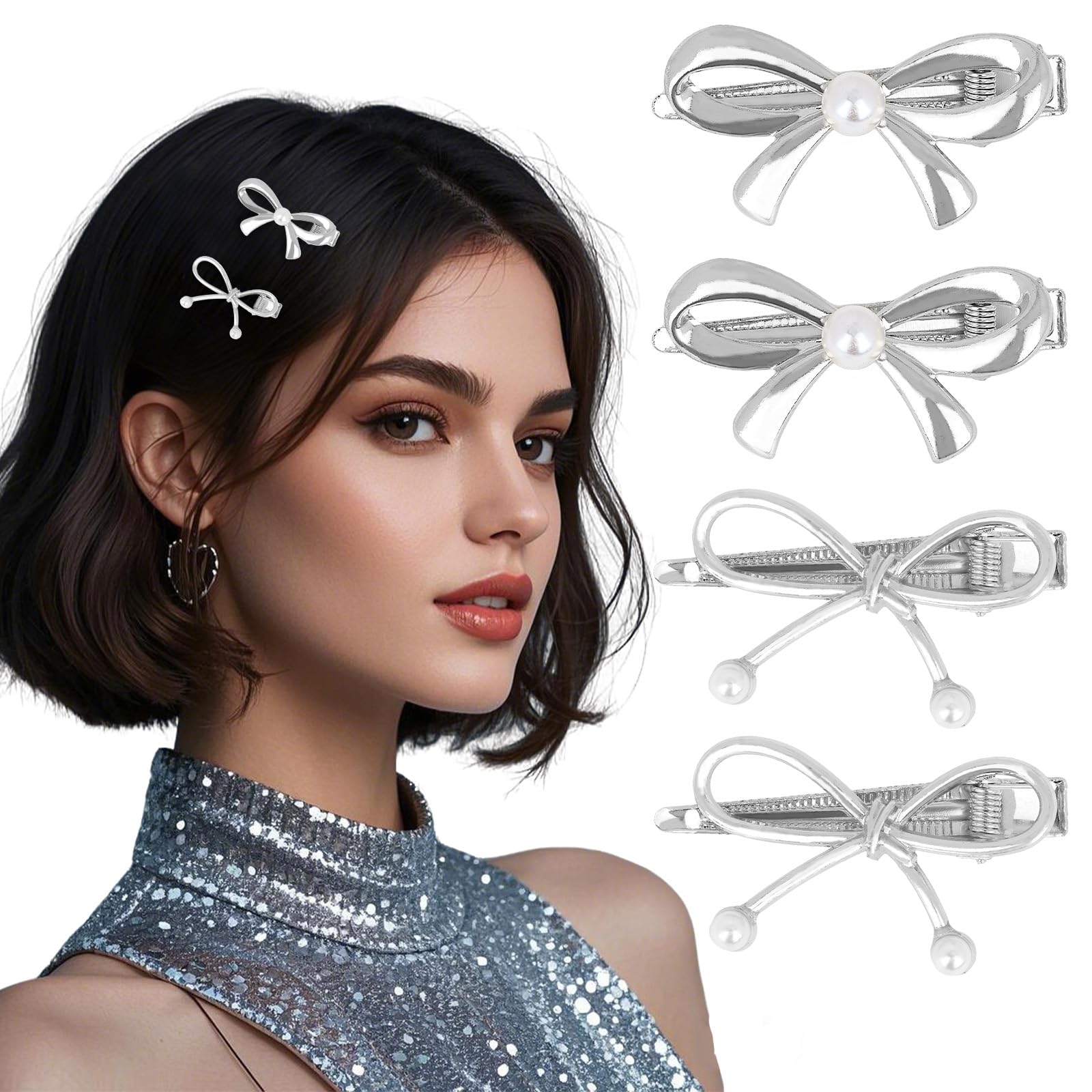 CURASA Metal Hair Bows For Women Girls 4Pcs Small Sliver Pearl Hair Clips Bow Knot Alligator Decorative Hair Pins Fashion Wedding Hair Accessories For