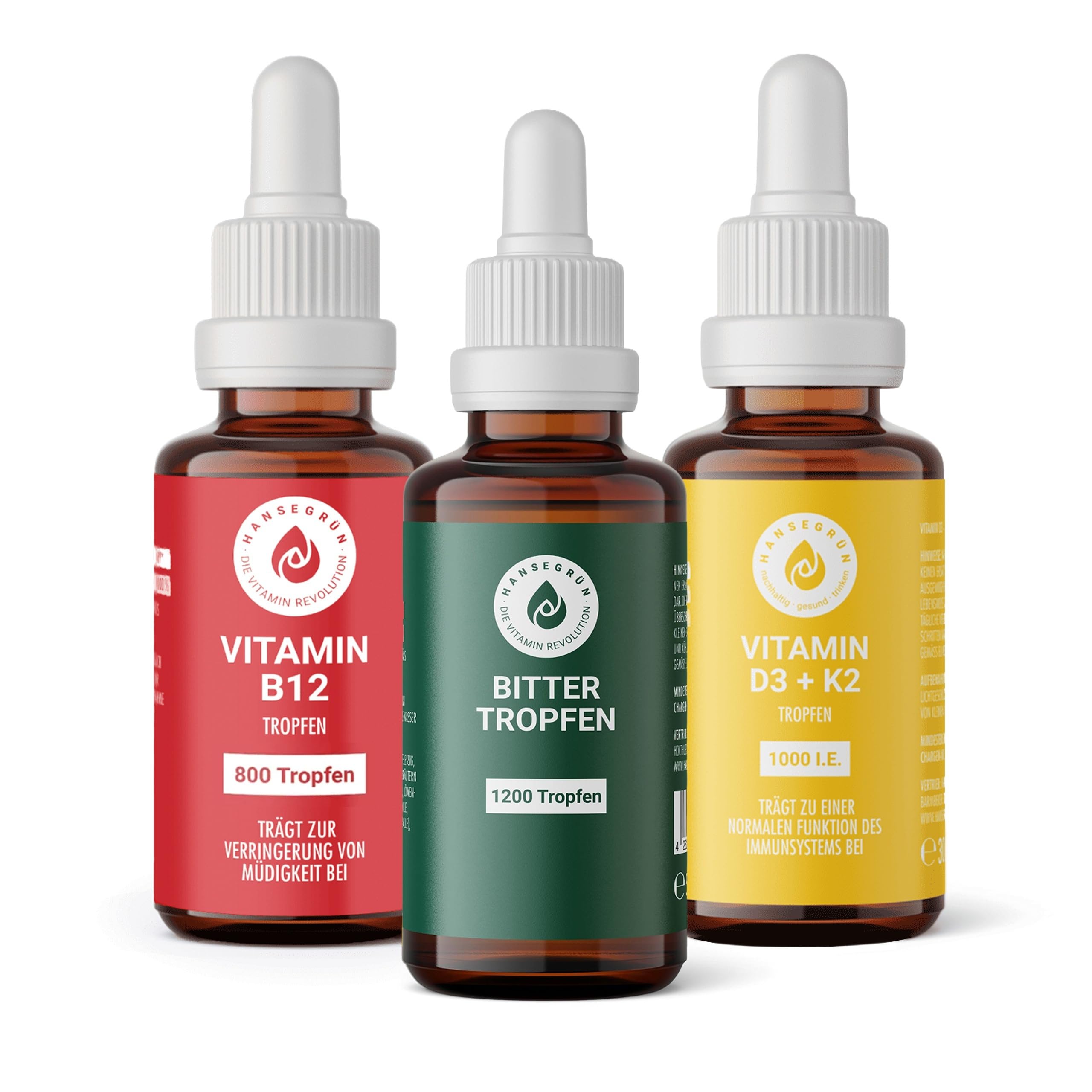 Hansegrün - Kennlernset Vitamine D3K2 (30ml), B12 (30ml) & Bittertropfen (50ml) - Immunsystem¹ - Verringerung Müdigkeit² - Energiestoffwechsel⁵ - Ideal gegen Heißhunger & für das Wohlbefinden