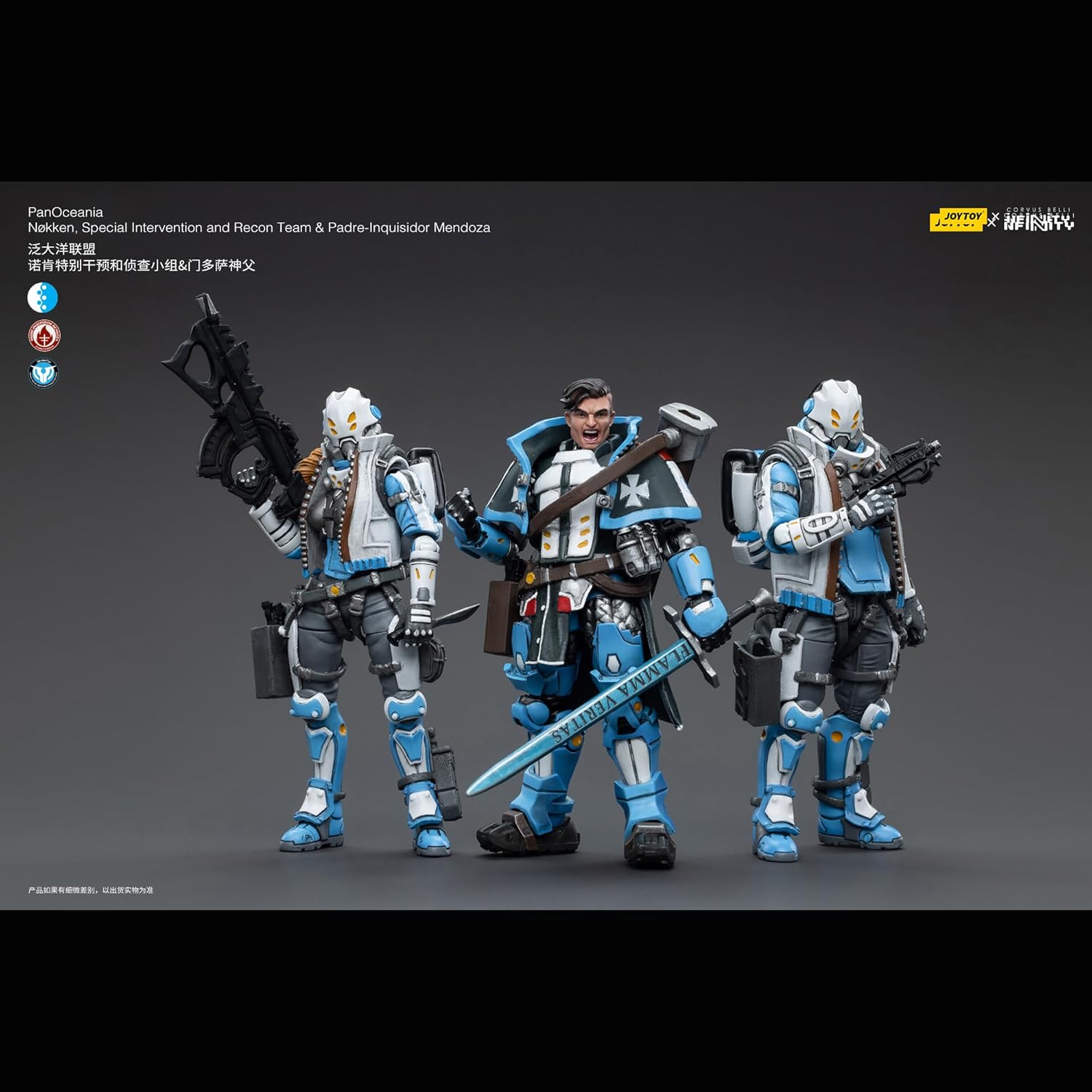 JOYTOY 1/18 Action Figures - Infinity PanOceania Padre Inquisidor Mendoza,Nokken Special Intervention and Recon Team - 3PCS/4‘’,Classic Character,Collectible,Age 15 and Above