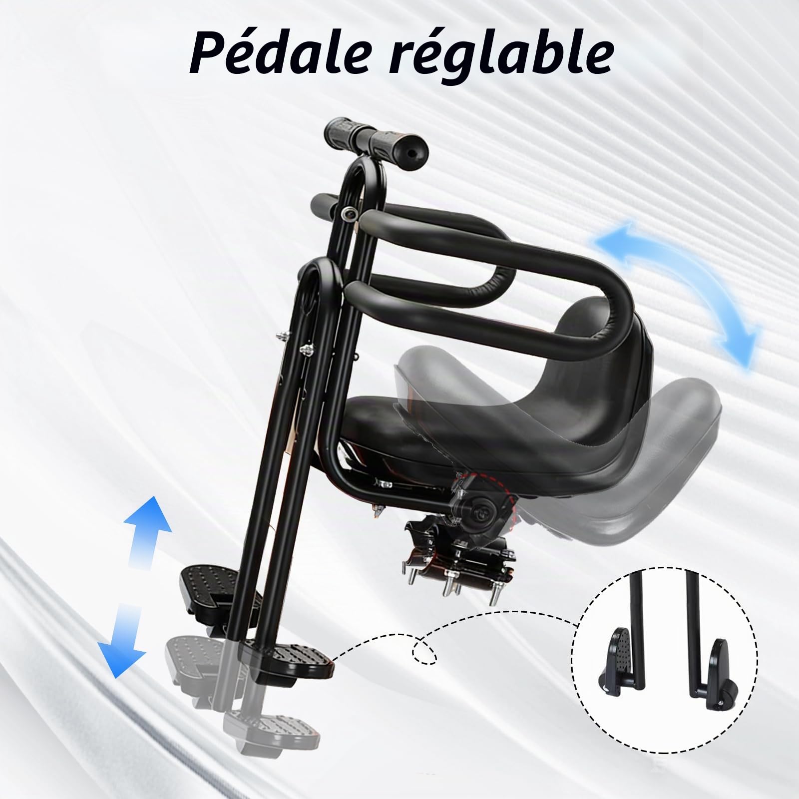 Siège de vélo avant pour enfant - Pour VTT et vélo de ville - Repose-pieds pliables - Barre de sécurité et siège rembourré - Pour 2 à 6 ans (jusqu'à 30 kg)