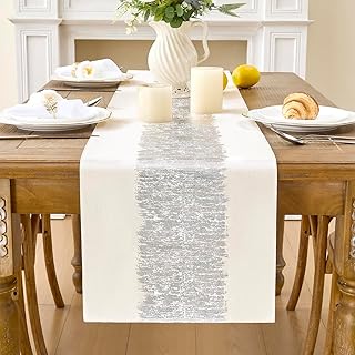 Metallic Style Table Runner, Cotton and Linen Silver Table Runners 72 inches Long,Pre-Pressed Metal Striping Process, Birthday Wedding Decorations for Home Living Room Decor(Silver, 13"x72")