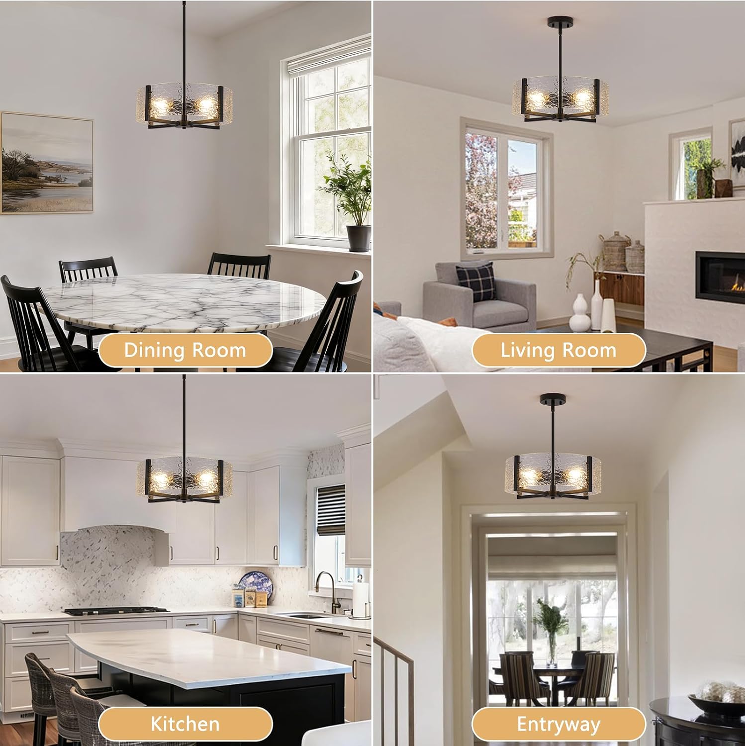 18" Modern Farmhouse Black Glass Chandeliers, 4 Light Drum Chandelier for Dining Room Kitchen Island Pendant Light Fixture for Bedroom Living Room Over Table Hallway Entryway Foyer Bathroom