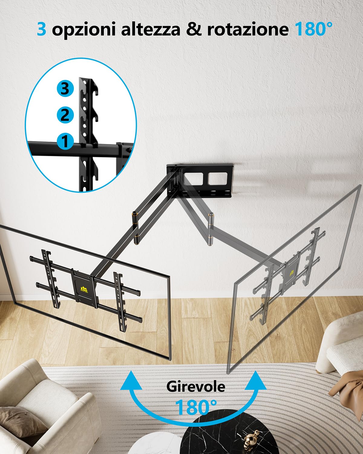 FORGING MOUNT Supporto TV a parete regolabile in altezza con braccio articolato lungo da 920 mm per schermi piatti da 42-90 pollici fino a 68 kg, inclinabile/orientabile/girevole, Max VESA 600x400mm