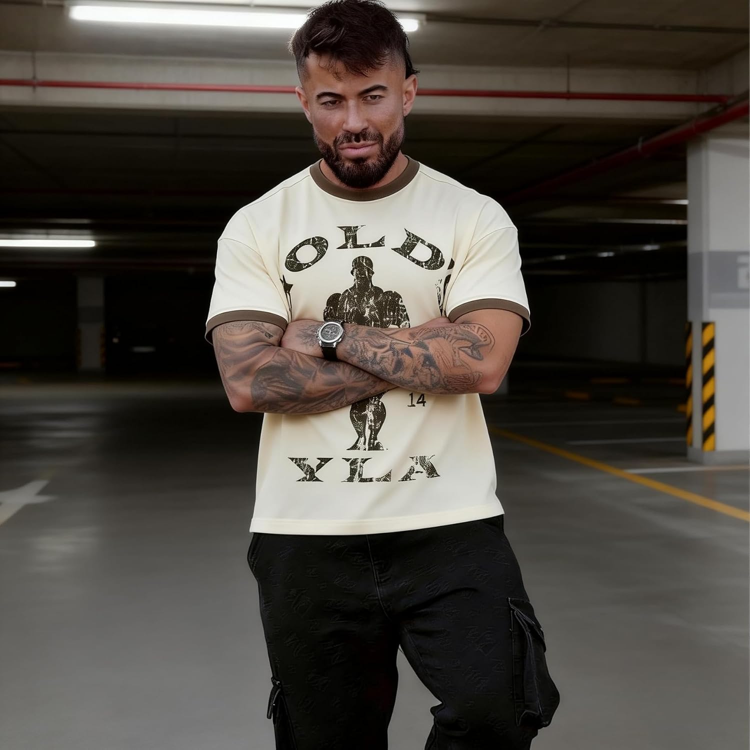 Men's Oversized Ribbed Quick-Dry Tee Embroidered Sleeve Logo Big & Tall Gym Casual T-Shirt
