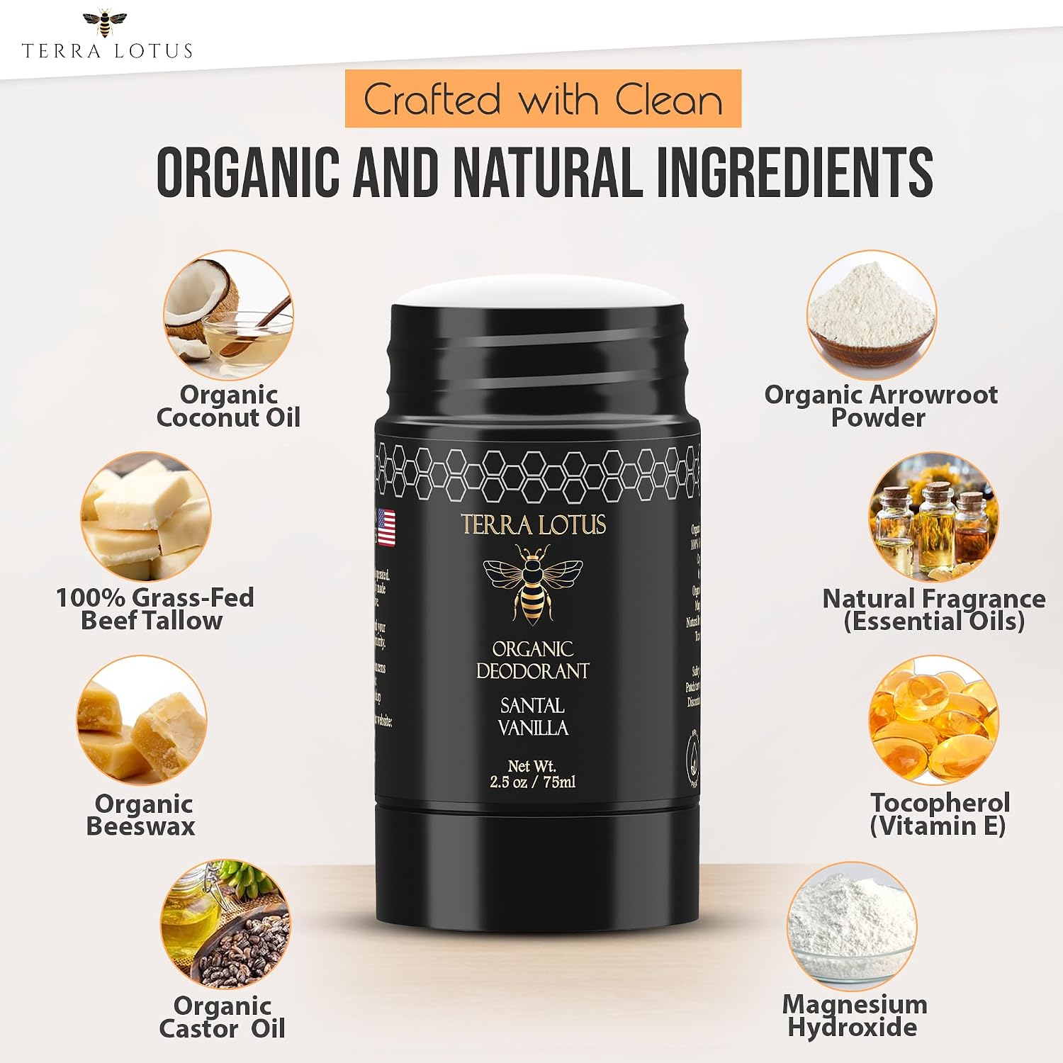 Terra Lotus - Organic Deodorant - Extra Strength 24 Hour Odor Protection for Women & Men - Handcrafted in USA - Aluminum Free and Baking Soda Free - (2.5 Oz) (Santal Vanilla)
