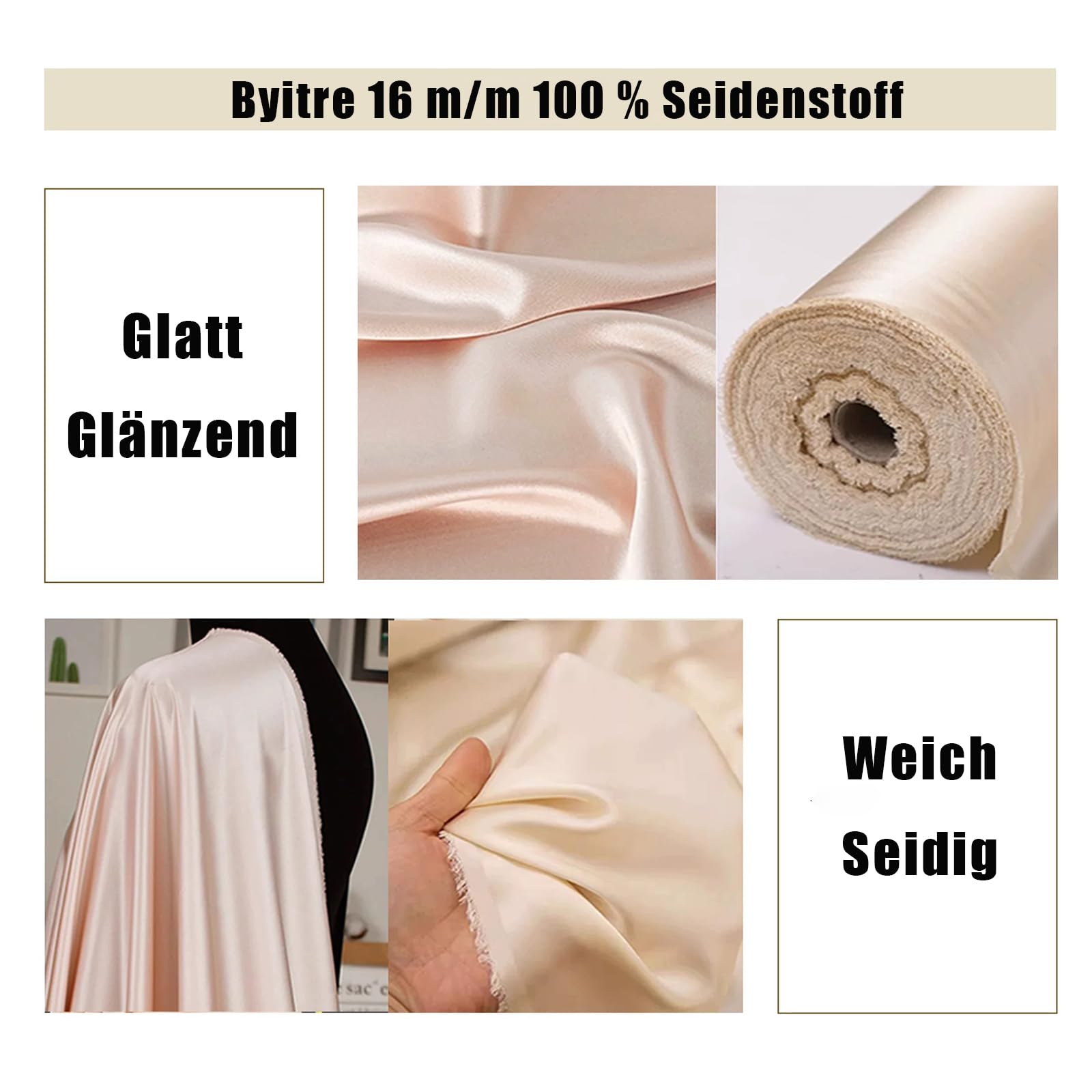 Byitre 100% Reiner Maulbeerseidenstoff Charmeuse Satin Stoff – 16 Momme Seidensatinstoff 114 cm Breite, 2 Meter – Für Pyjamas, Hemden, Kleider, DIY Basteln（Königsblau）