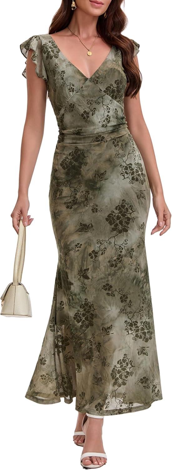 Women's Sleeveless V Neck Wedding Guest Dress 2026 Bodycon Floral Mesh Ruched Cocktail Mermaid Maxi Dresses Elegant Party