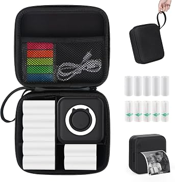 Mini Pocket Printer with Case, Mini Thermal Printer with 10 Rolls Thermal Paper, Mini Portable Photo Printer for Travelling, Journal, Memo, Photo, Study Notes