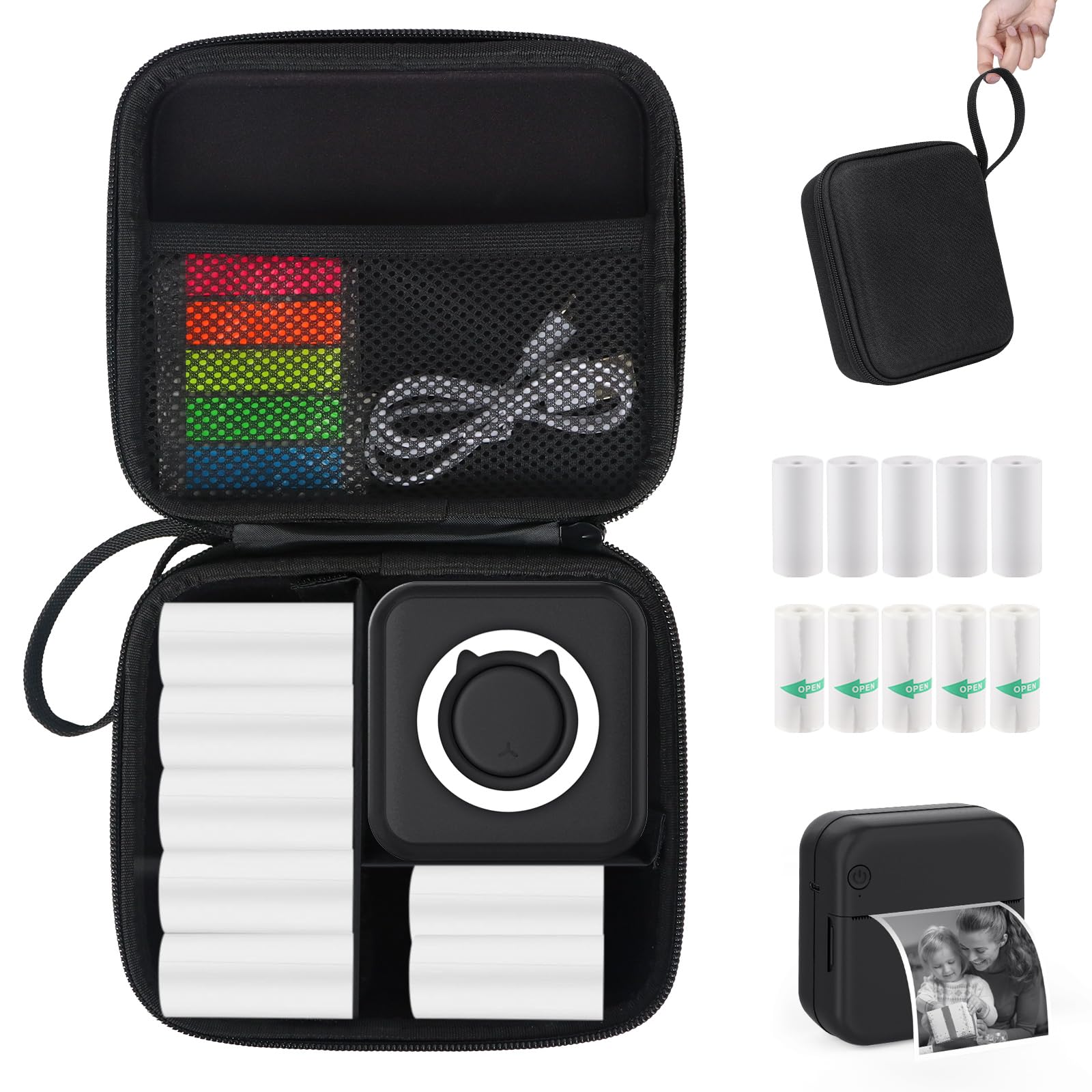 HUIJUTCHEN Mini Pocket Printer with Case, Mini Thermal Printer with 10 Rolls Thermal Paper, Mini Portable Photo Printer for Travelling, Journal, Memo, Photo, Study Notes