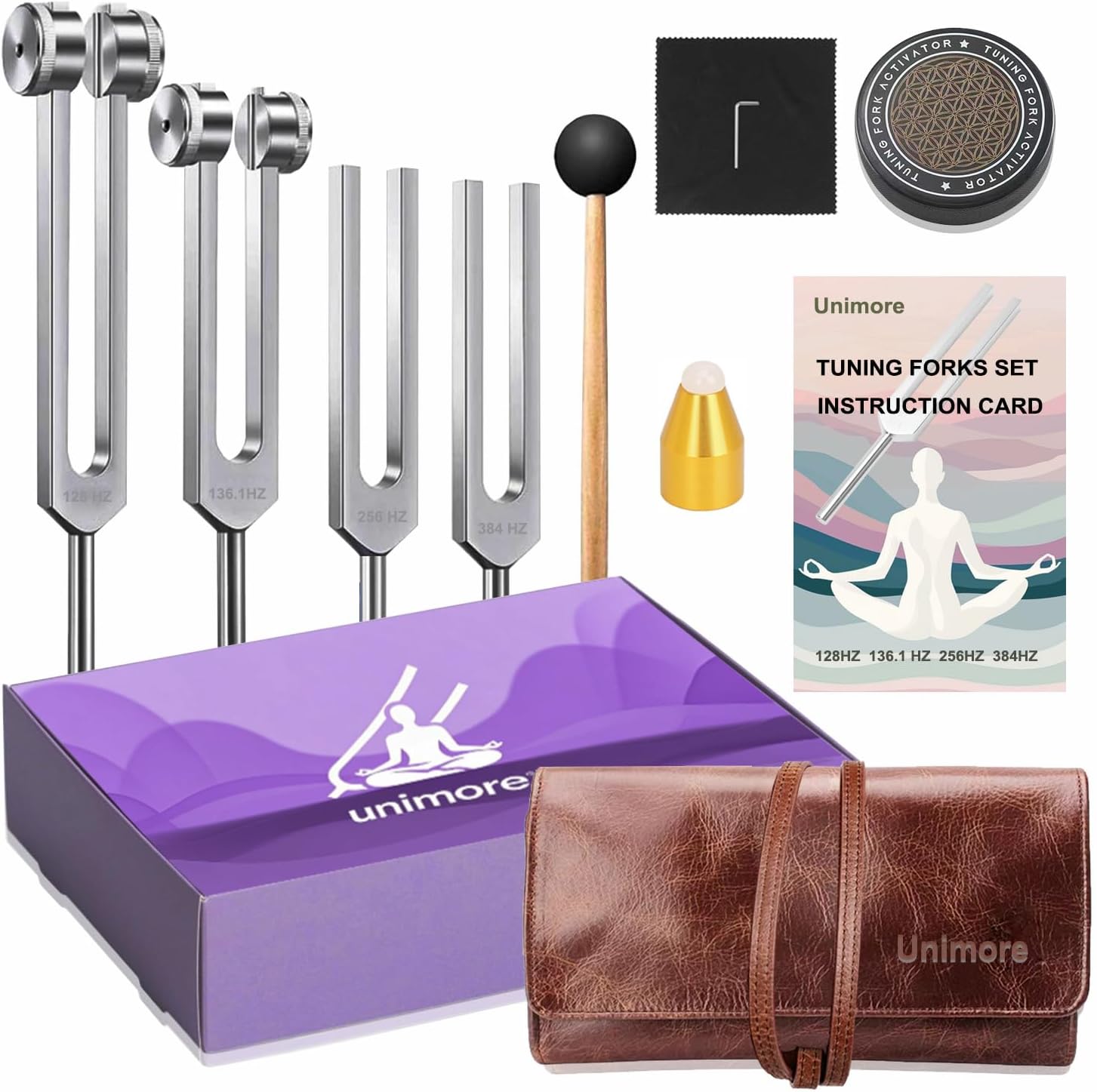 Tuning Forks for Healing Set, Includes 128Hz, 136Hz, 256Hz, 384Hz & Activator, Gem feet, Yoga and Meditation Medical Grade Accessories, Sound Therapy Music Tuning Instruments with Gift Box