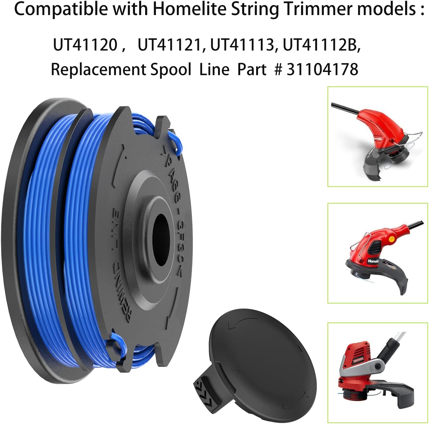 AC41RL3 AC41RDLB 27ft 0.065" Autofeed Dual Replacement Line Spool for Homelite UT41120 UT41112 UT41121 UT41113 UT41122 UT41112B Electric String Trimmers,with Spool Cap. (6 Spool + 2 Cap)