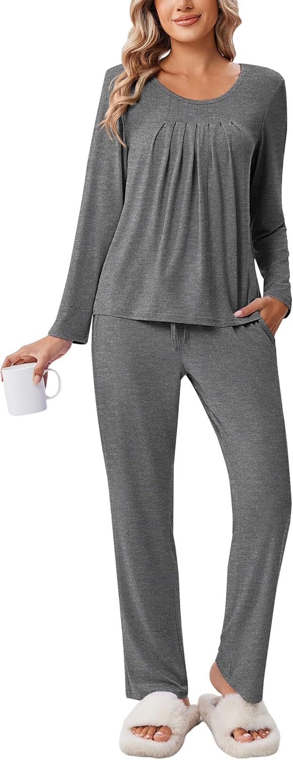 Ekouaer Women Pajamas Set 2 Piece Loose Fit Sleepwear Long Sleeve Nightwear Set Pjs Loungewear With Pocket