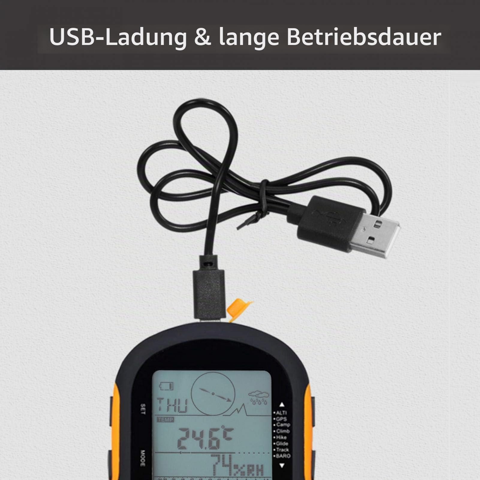 Yosoo Digitaler Höhenmesser, Kompass, GPS Navigationsempfänger, multifunktional, wasserdicht, Barometer, Hygrometer, wiederaufladbar, USB, tragbar, für Outdoor Sportarten