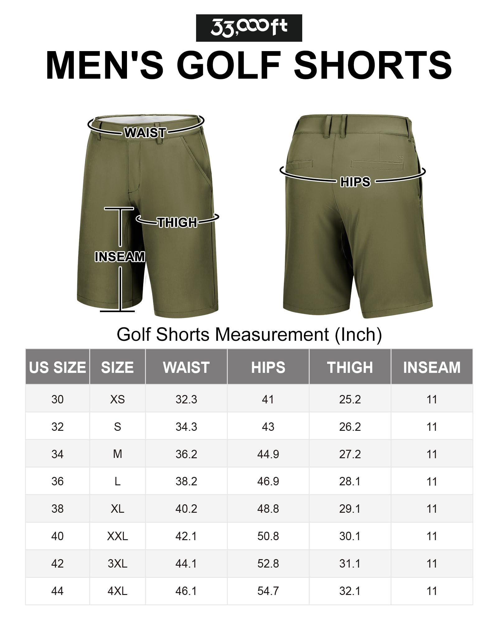 33,000ft Pantalones cortos de golf para hombre, ligeros, de secado rápido, elásticos, con bolsillos, entrepierna de 11 pulgadas, para viajes casuales