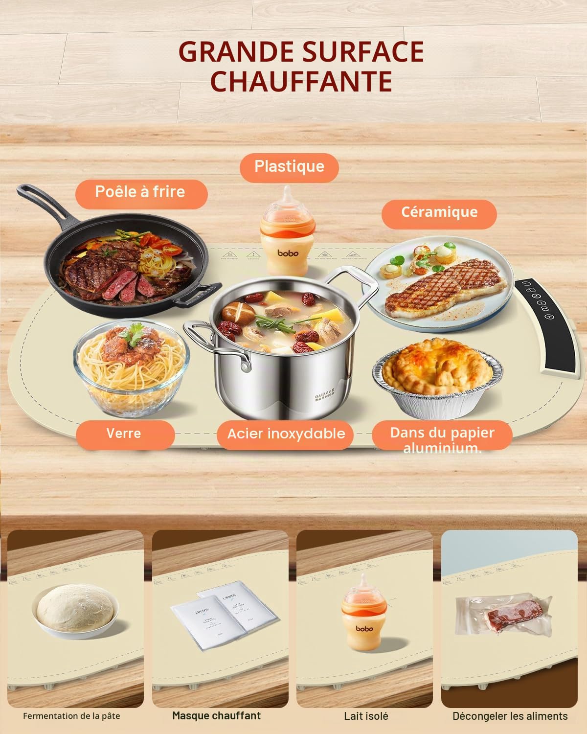 MYMULIKE Chauffe Plat Électrique à 9 Réglages de Température, Minuteur de 4 Heures, Garde Les Aliments au Chaud pour Les Buffets et Les Fêtes