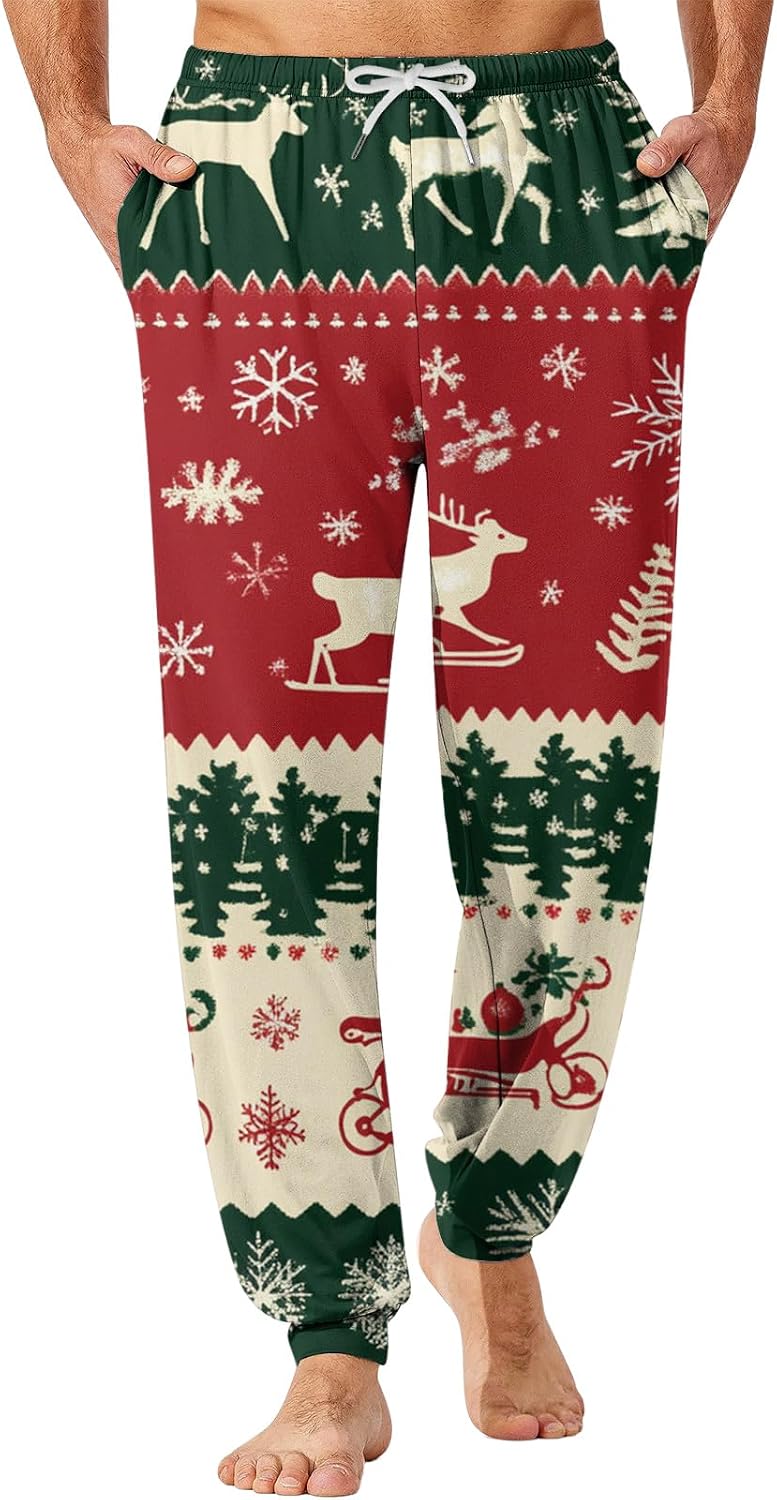 WENKOMG1 Men's Christmas Pajama Pants, 3D Printed Jogger Lounge Pj Sleepwear Xmas Bottoms with Pockets, M-3XL