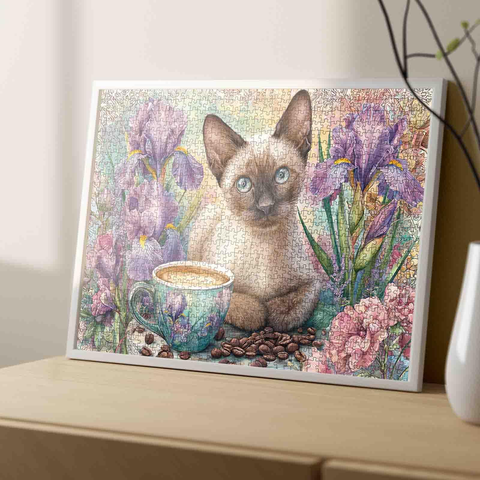 Cat Coffee Challenging Jigsaw Puzzle for Adults 1000 Piece Iris L. Floral Siamese Kitten with Blue Eyes in Garden Scene Relaxing Puzzles for Women Men Family Game Night Puzzle Gift for Cat Lovers - Image 3