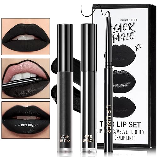 Lápiz labial líquido negro mate, juego de delineador de labios y lápiz labial negro 3 en 1, brillo de labios mate de larga duración, terciopelo