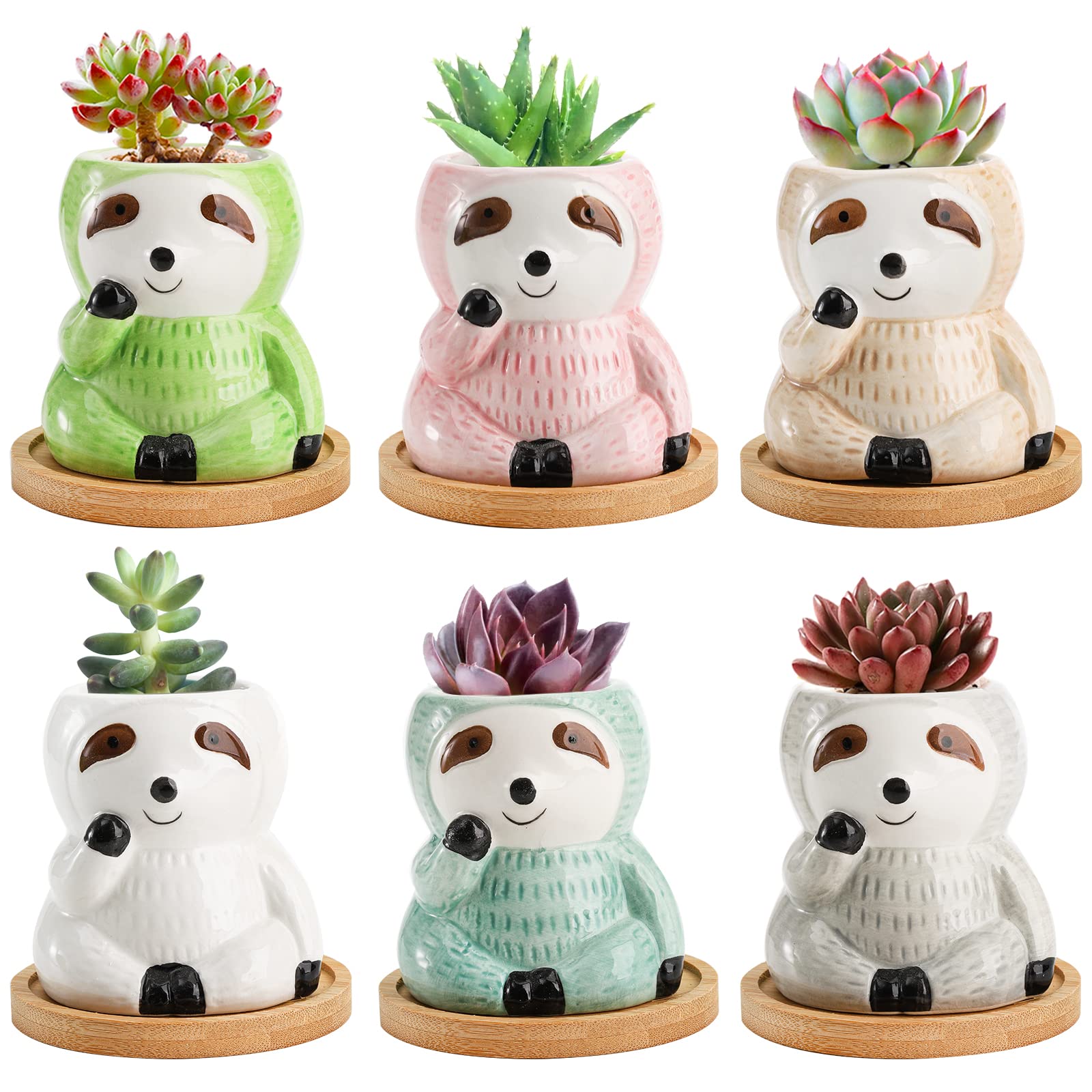 Okllen 6 Pack Sloth Planter with Bamboo Tray, Ceramic Small Succulent Planter Cute Animal Planters Pots, Cactus Flower Pot Container Sloth Gifts for Air Plant, Plant Lover, Indoor Outdoor, 6 Colors