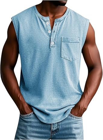 Tank Tops Men Casual Stylish Summer Distressed Washed Sleeveless Henley Shirts Pocket T Shirts Vintage Cowboy Vest