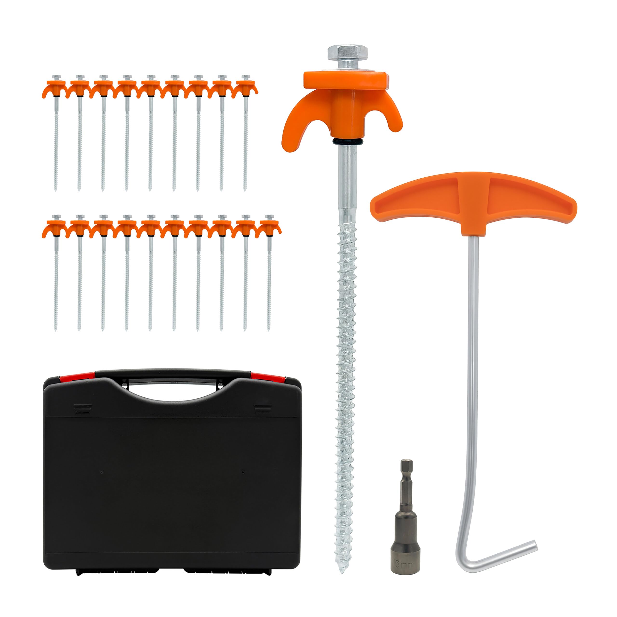 Relaxdays Śledzie śrubowe, zestaw 20 sztuk, śledzie namiotowe ze stali, w walizce, długość 20 cm, z adapterem, kotwa do podłoża, do użytku na zewnątrz, pomarańczowe