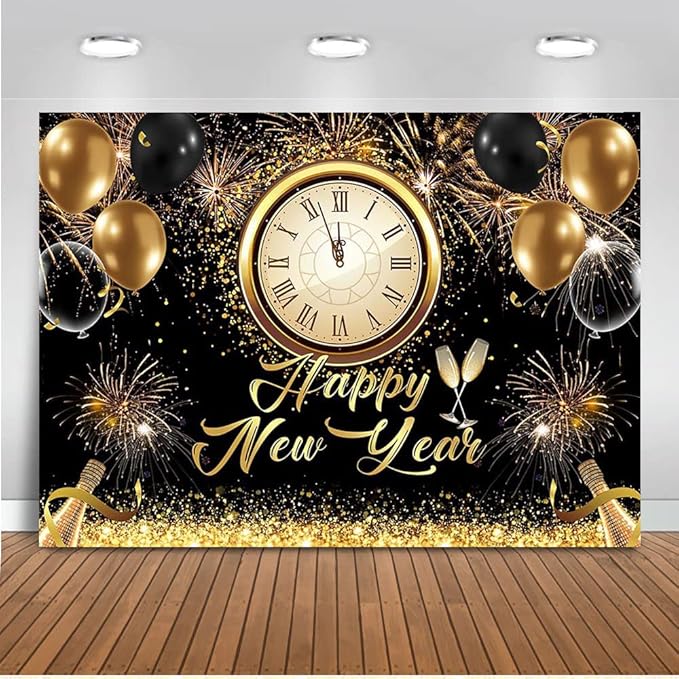 8x6ft Happy New Year Backdrop - Black & Gold Party Banner For Photography