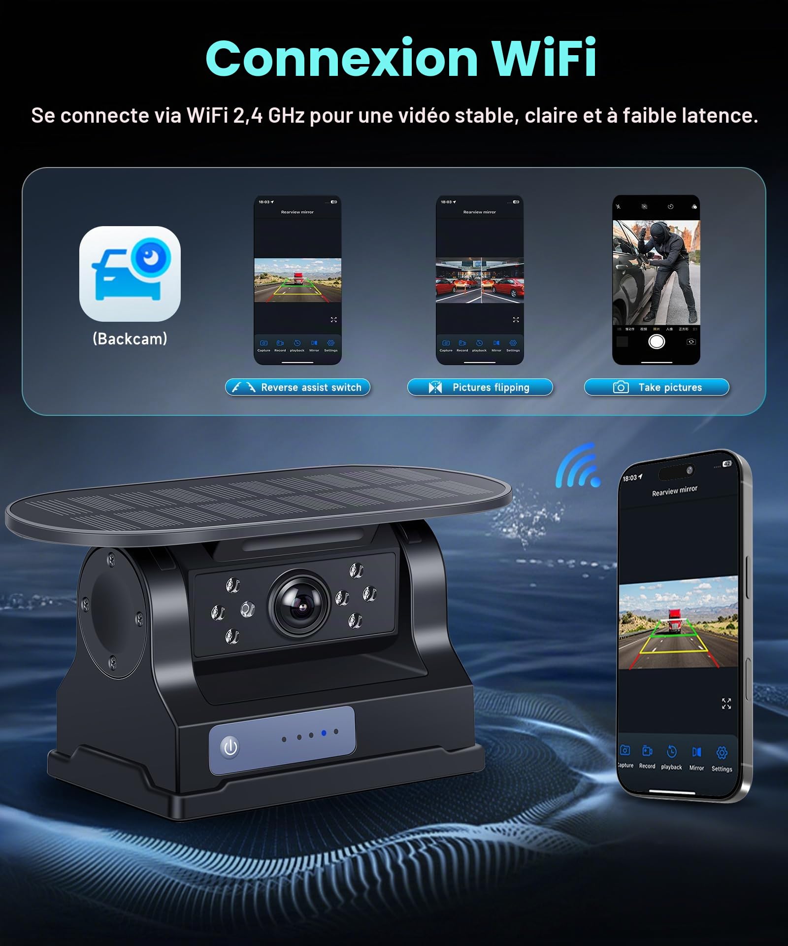 VECHTEL Solaire Caméra de Recul sans Fil, Caméra de Recul sans Fil avec 10000 mAh Batterie Rechargeable, Soutien Étanchéité IP68 Vision Nocturne Super Grand Angle Renversement de l'aide