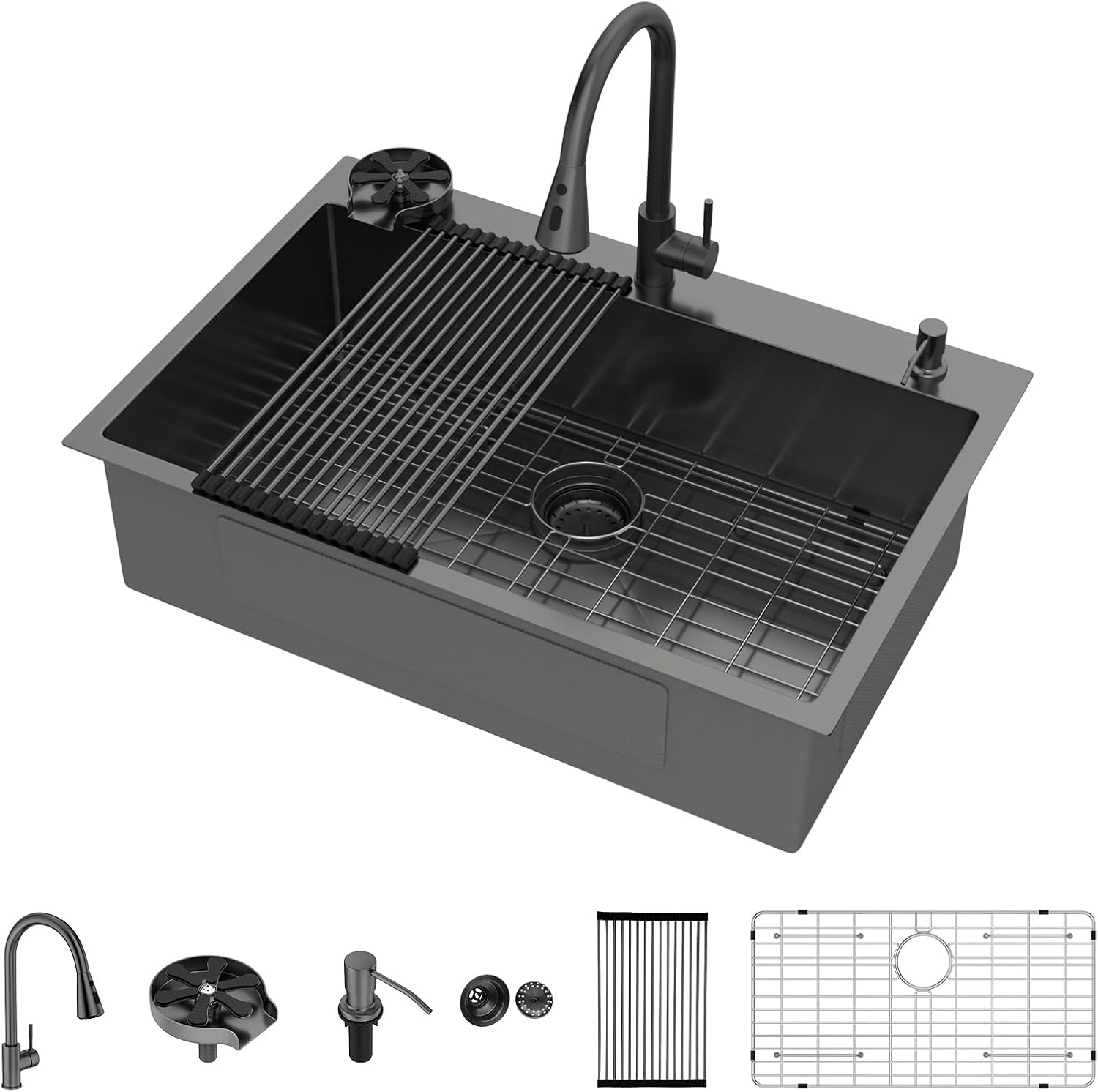Black Drop In Kitchen Sink with Faucet Combo 33×22 Inch Black Stainless Steel Sink Top Mount 9" Deep Single Bowl Utility Sink with Faucet Cup Washer