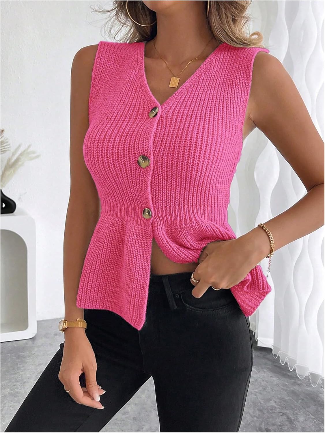 Verdusa Women's Button Down Sweater Vest Sleeveless V Neck Ruffle Fitted Knit Tank Top - Image 5