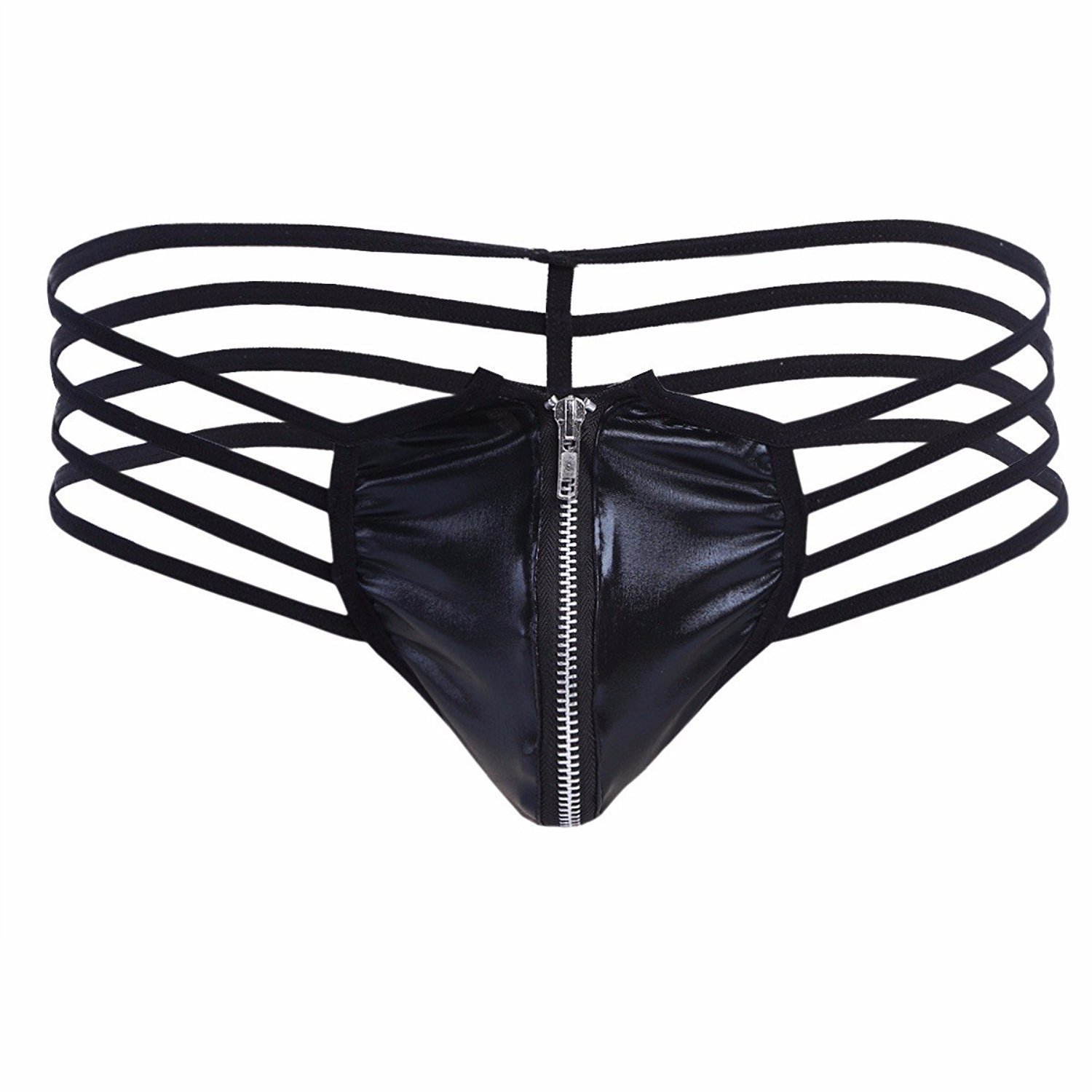 Igeon Mens Black Leather Look Bikini Swimwear Jock Straps Zipper