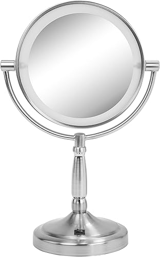 Lujoso espejo de maquillaje LED blanco brillante de doble cara con acabado de níquel cepillado. Grado comercial. Aumento 1x/5x