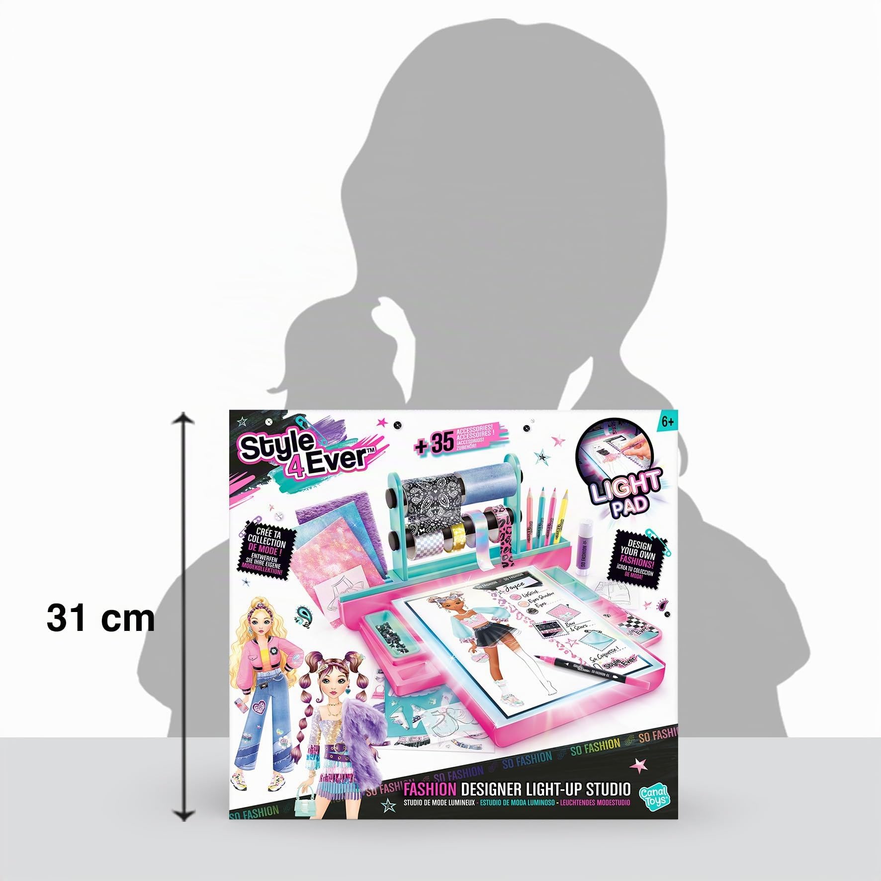 Canal Toys - Style 4Ever - Fashion Designer Studio con Luz y Telas | Con Luz LED, Plantillas Electroestáticas, Telas Reales, Lápices de Colores, Rotulador, Gemas, Cintas Adhesivas y más