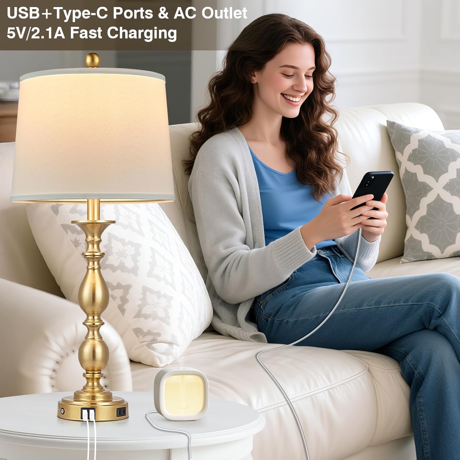 28" Tall Modern Table Lamp with USB A+C Ports and AC Outlet, 3 Way Touch Metal Bedside Lamps for Bedroom, Gold Farmhouse Nightstand Lamps for Living Room