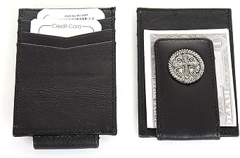 Mens Leather Slim Design Cross Concho Magnetic Money Clip 3 Credit Card Holder Wallet 3x4.5 inches