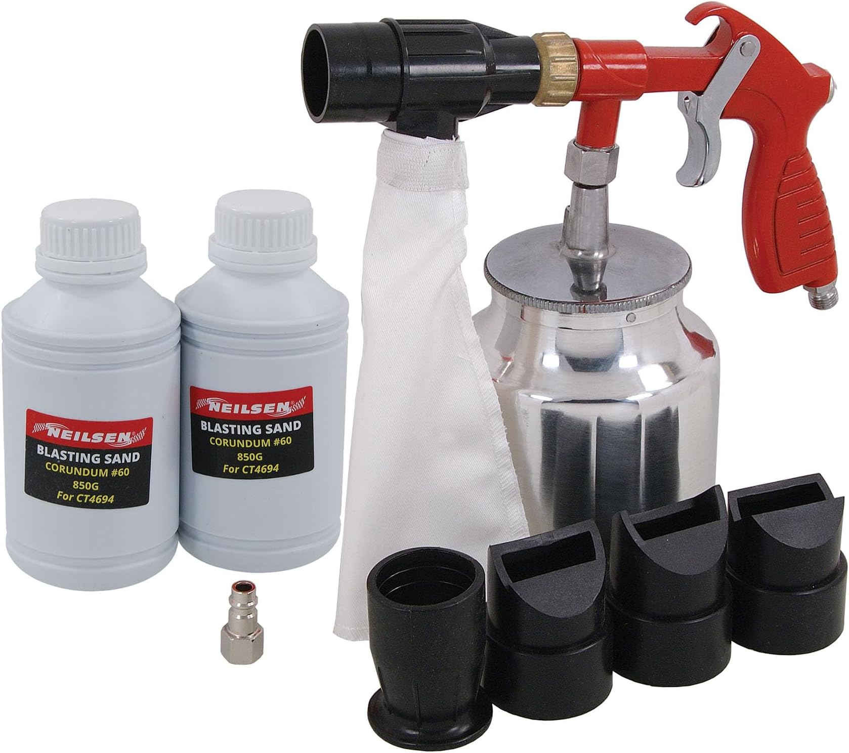 Neilsen CT4694 Air Sandblaster Gun Kit 6-8 Bar 90-116psi 6.5cfm 1/4in BSP with Surface Inside Outside Corner Panel Spot Nozzles 2 x 850g Corundum Sand